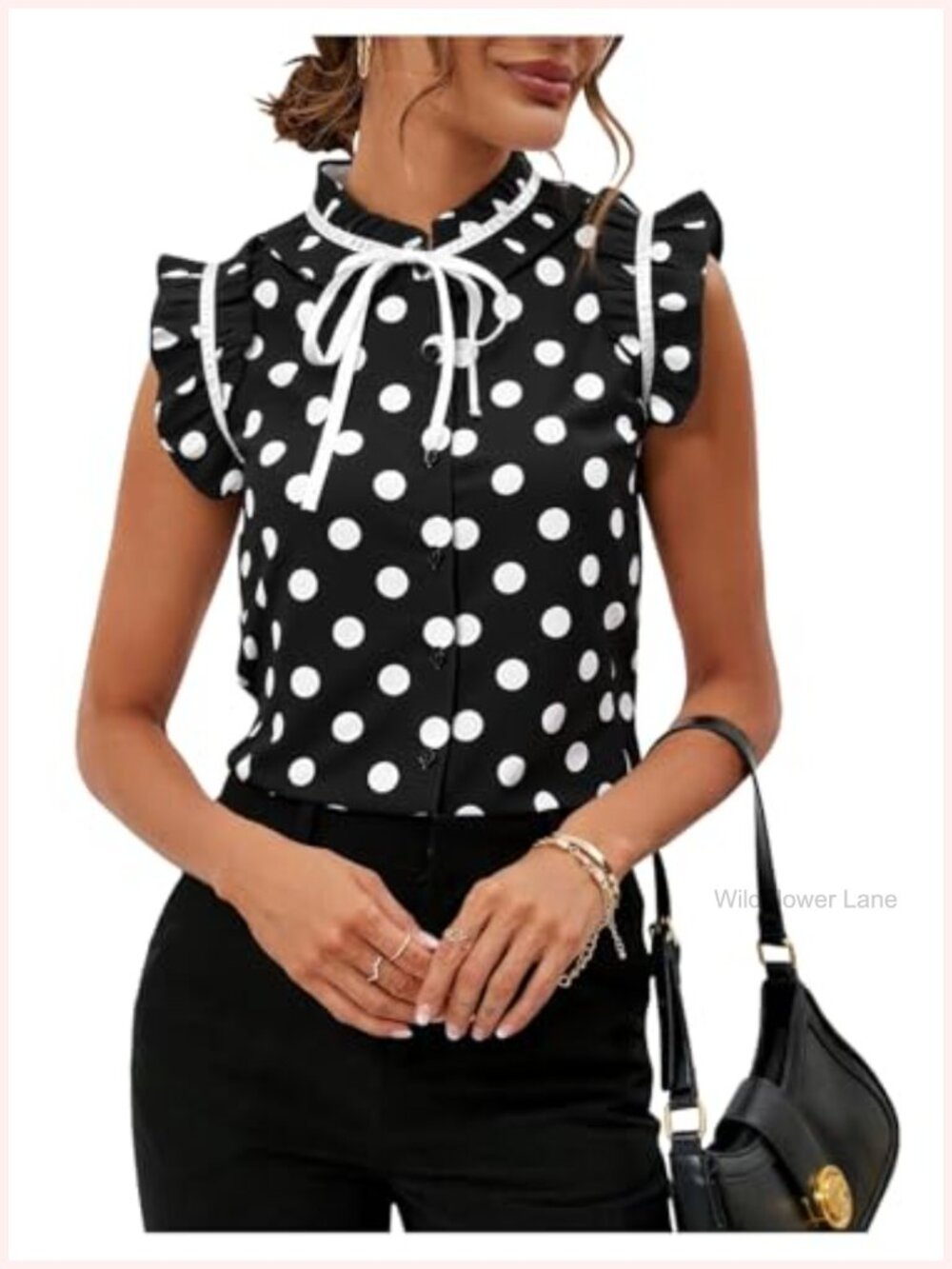 Women's Elegant Bow Tie Neck Business Blouse Ruffle Trim Polyester